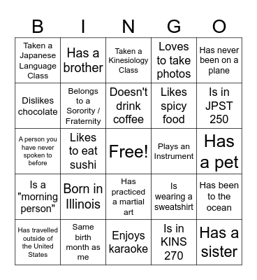 Japanese Bingo Card