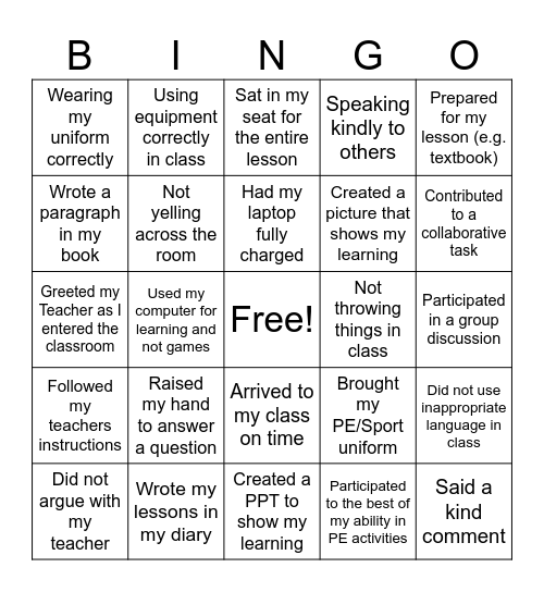 Engagement and Behaviour Bingo Card