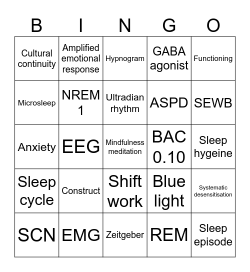 Unit 4 - Sleep and Phobia Bingo Card
