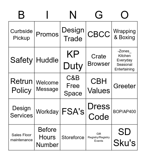 Crate&Barrel Bingo Card