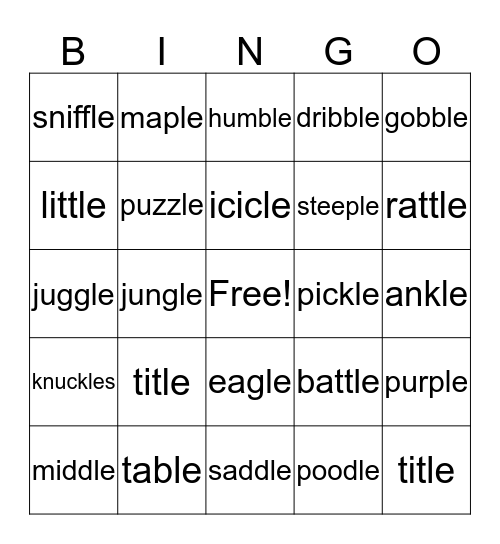 Consonant  L E  Bingo Card