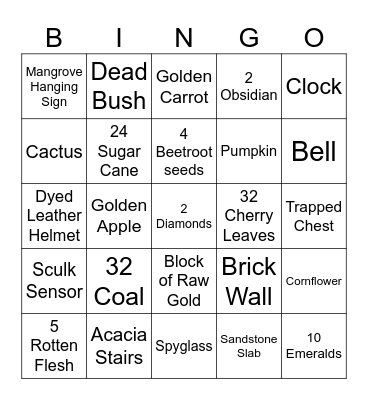 Minecraft Item Hunt Bingo Card