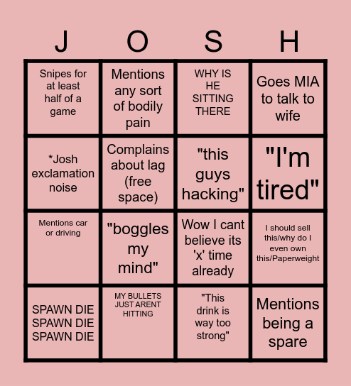 Josh to Crim? Bingo Card