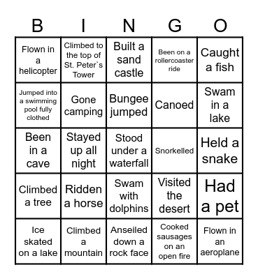 Life Experiences Bingo Card