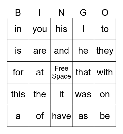 First 25 Power Words Bingo Card