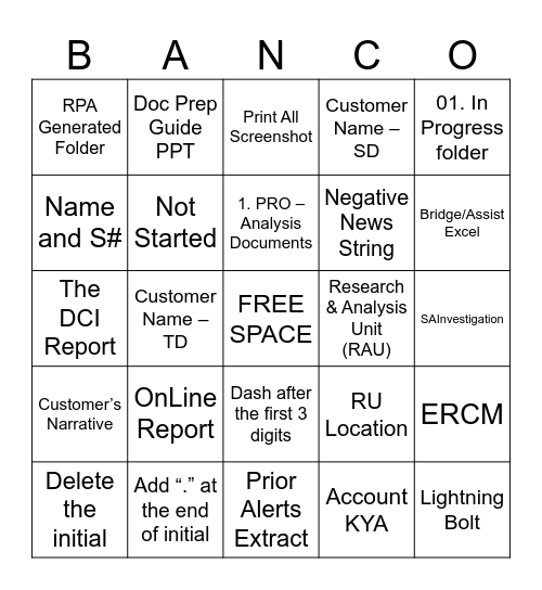 BANCO Bingo Card