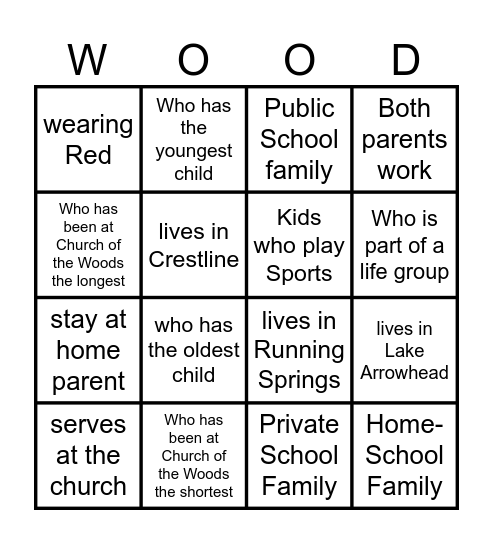Church of the Woods Children's Ministry Bingo Card