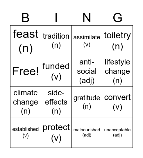 Vocab Review Bingo Card