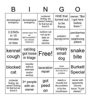 Triage / Treatment Bingo Card