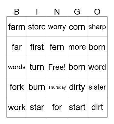 R-Controlled BINGO Card