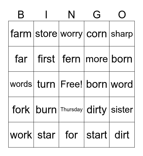 R-Controlled BINGO Card