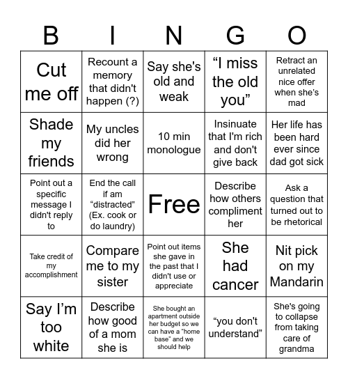 Phone Call with Mom Bingo Card