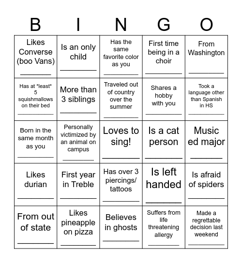 Treble Choir Bingo            Write Your Name: Bingo Card