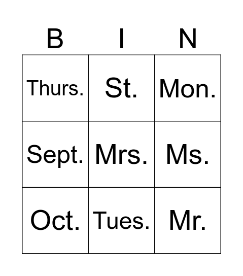 GR3 abbreviations Bingo Card