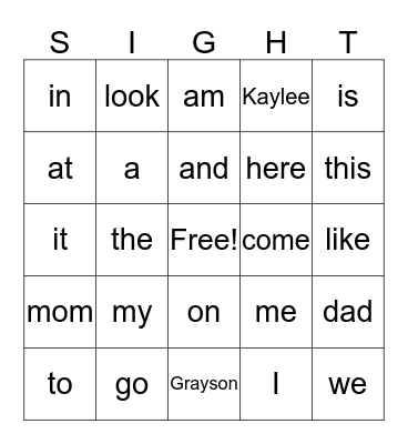 Sight Words Bingo Card