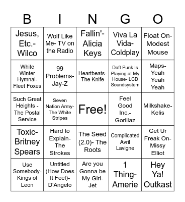 Musical Bingo 2000's Bingo Card