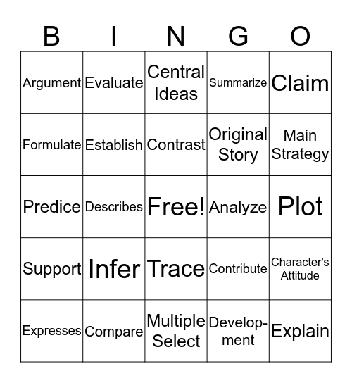 Test Vocabulary Bingo Card