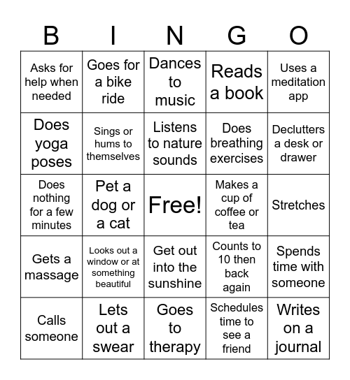 Stress Reliever Bingo Card