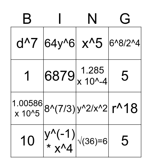 Exponents Bingo Card