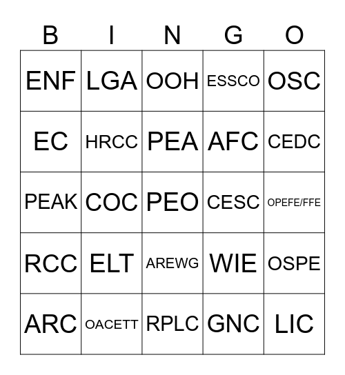 PEO Acronym Bingo Card