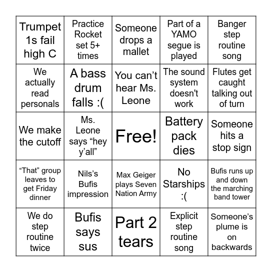 Marching Band BINGO Card