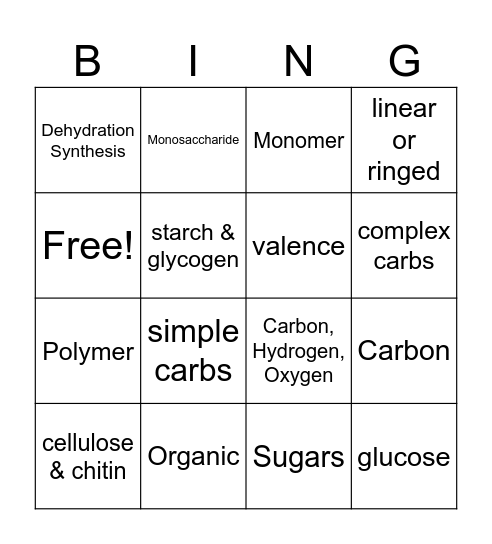 Carbohydrates Bingo Card