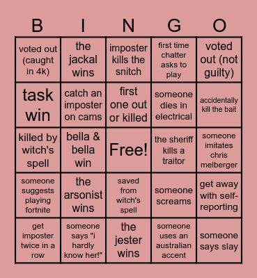 Among Us Bingo Card