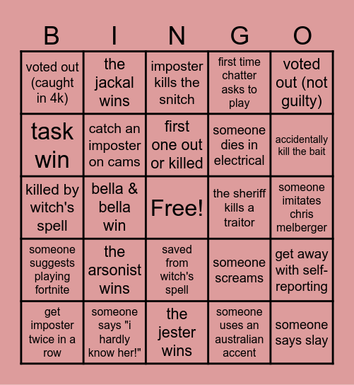 Among Us Bingo Card