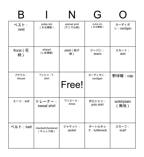 What Are You Wearing? Bingo Card