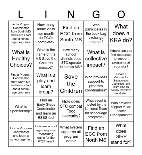 Save the Children Human LINGO Bingo Card
