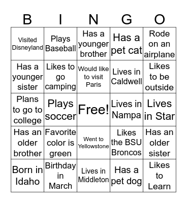 Listening/Name Bingo Card