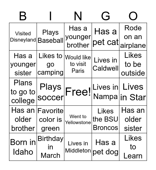 Listening/Name Bingo Card