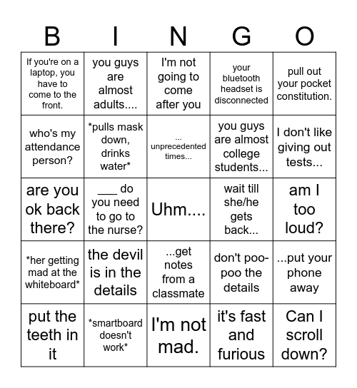 Shuman Bingo Card