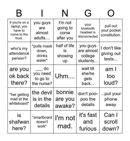Shuman Bingo Card