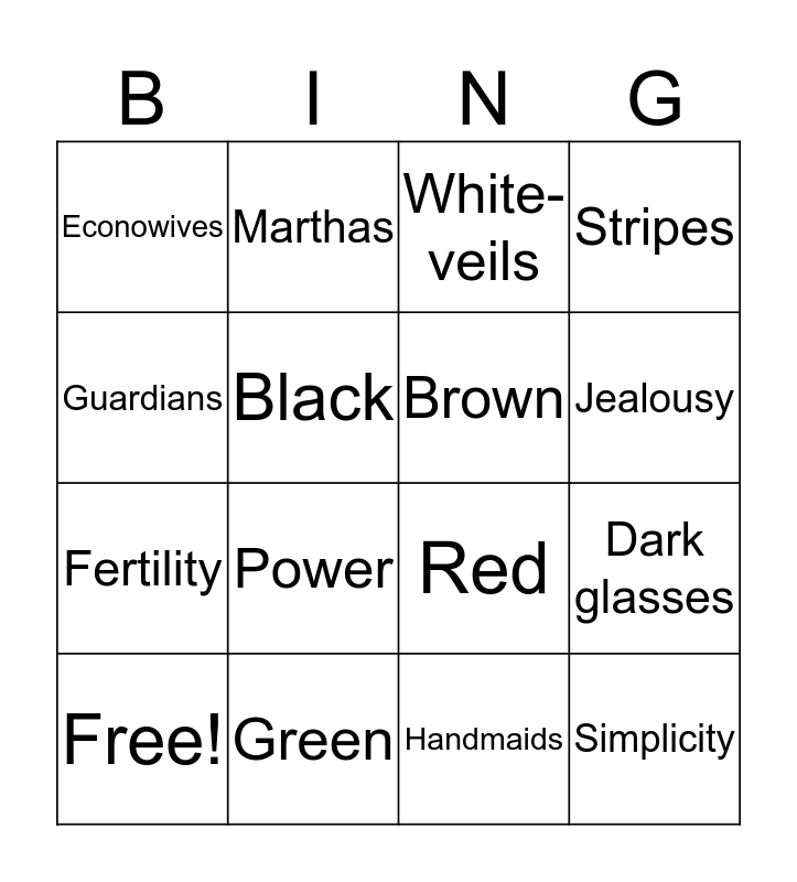 The Handmaid's Tale Color Symbolism Bingo Card