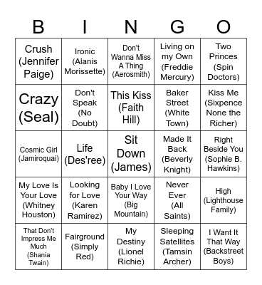 Heart 90s Bingo v. 2 Bingo Card