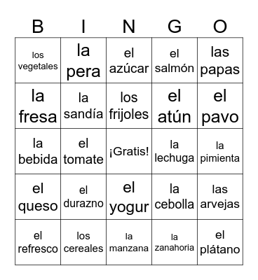 La comida Bingo Card