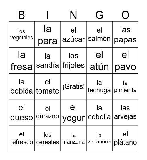 La comida Bingo Card
