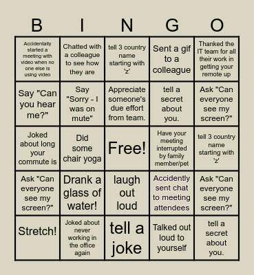 Remote Work Bingo Card