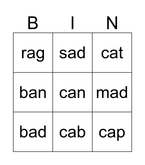 SHORT "a" Bingo Card