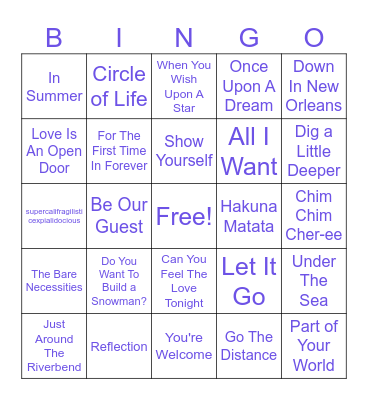 Disney Hits Bingo Card