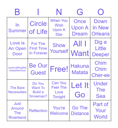 Disney Hits Bingo Card