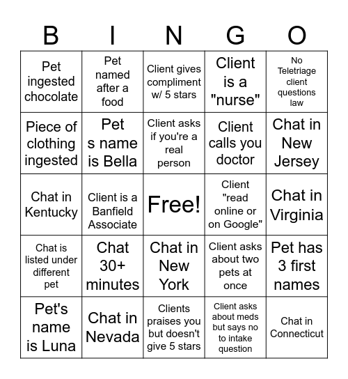 Pet Chat BINGO! Bingo Card