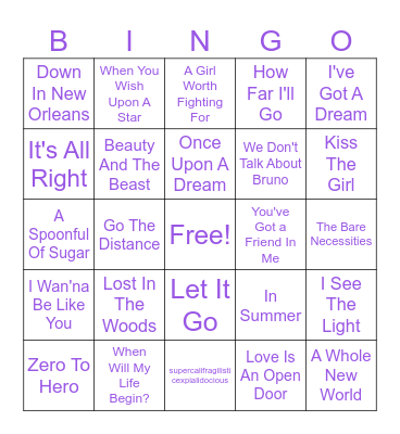 Disney Hits Bingo Card