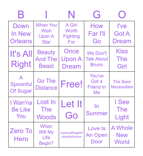 Disney Hits Bingo Card