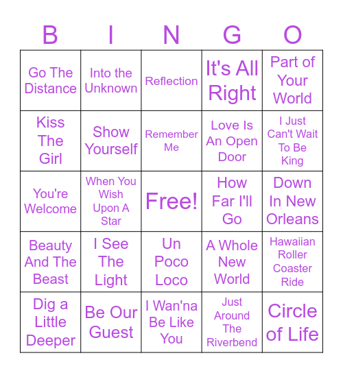 Disney Hits Bingo Card