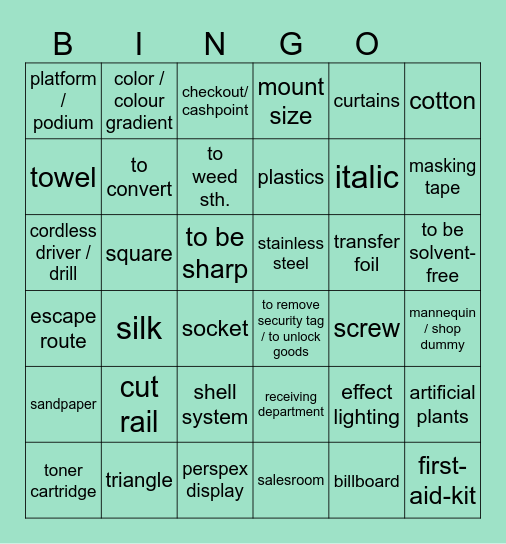 English Bingo Card