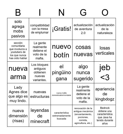 Minecraft Live 2023 ES Bingo Card