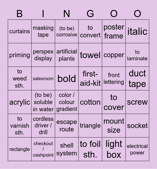 Englisch Bingo Card