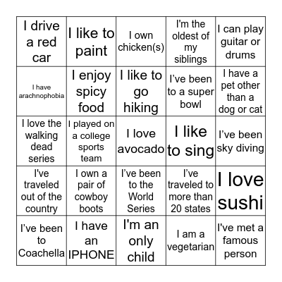 BTT "getting to know you" BINGO Card